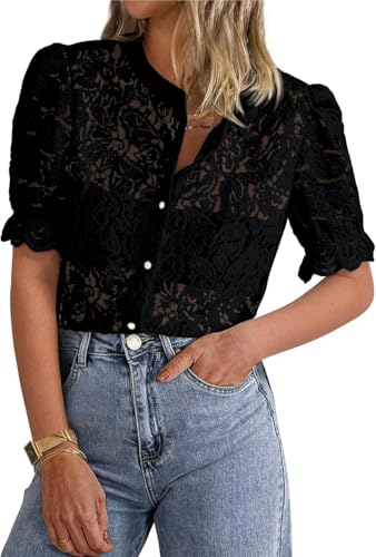 LLECDASEUI Damen Elegant Spitze Dressy Blusen 2025 Sommer Kurze Puffärmel Tunika-Oberteile Rundhalsausschnitt Button Down Hemden (L,Schwarz) von LLECDASEUI