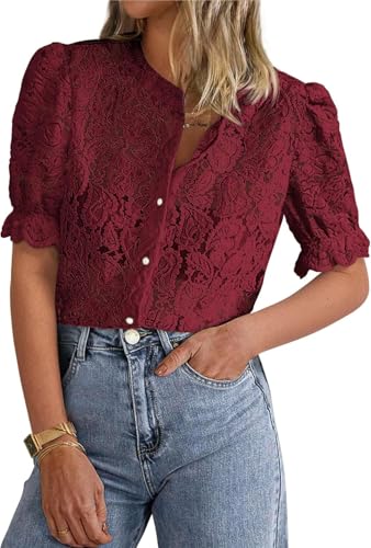 LLECDASEUI Damen Elegant Spitze Dressy Blusen 2025 Sommer Kurze Puffärmel Tunika-Oberteile Rundhalsausschnitt Button Down Hemden (L,Weinrot) von LLECDASEUI