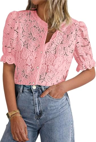 LLECDASEUI Damen Elegant Spitze Dressy Blusen 2025 Sommer Kurze Puffärmel Tunika-Oberteile Rundhalsausschnitt Button Down Hemden (M,Rosa) von LLECDASEUI