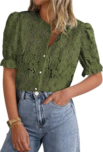 LLECDASEUI Damen Elegant Spitze Dressy Blusen 2025 Sommer Kurze Puffärmel Tunika-Oberteile Rundhalsausschnitt Button Down Hemden (S,Armeegrün) von LLECDASEUI