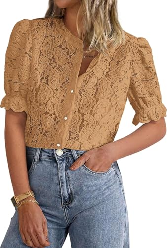 LLECDASEUI Damen Elegant Spitze Dressy Blusen 2025 Sommer Kurze Puffärmel Tunika-Oberteile Rundhalsausschnitt Button Down Hemden (S,Khaki) von LLECDASEUI