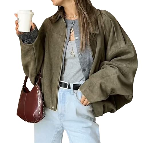 LLECDASEUI Damen Faux Wildleder Bomberjacke Reißverschluss Pilot Mantel lässig Revers überdimensioniert lange Ärmel Y2K Oberbekleidung Mäntel (L,Armeegrün) von LLECDASEUI