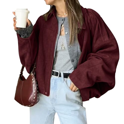 LLECDASEUI Damen Faux Wildleder Bomberjacke Reißverschluss Pilot Mantel lässig Revers überdimensioniert lange Ärmel Y2K Oberbekleidung Mäntel (L,Burgunderrot) von LLECDASEUI