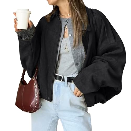 LLECDASEUI Damen Faux Wildleder Bomberjacke Reißverschluss Pilot Mantel lässig Revers überdimensioniert lange Ärmel Y2K Oberbekleidung Mäntel (M,Schwarz) von LLECDASEUI