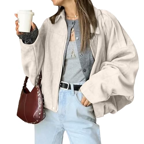 LLECDASEUI Damen Faux Wildleder Bomberjacke Reißverschluss Pilot Mantel lässig Revers überdimensioniert lange Ärmel Y2K Oberbekleidung Mäntel (S,Beige) von LLECDASEUI