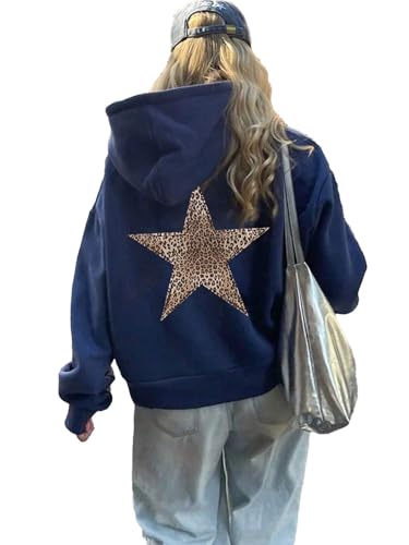 LLECDASEUI Damen Gepard Leopard Star Hoodie Grafik Print Fleece Y2k Übergroßes Kapuzen-Sweatshirt (Blau-a,S) von LLECDASEUI