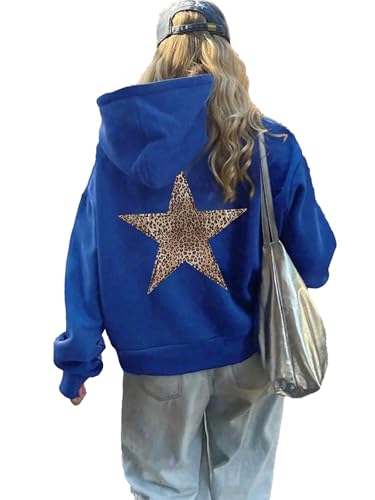 LLECDASEUI Damen Gepard Leopard Star Hoodie Grafik Print Fleece Y2k Übergroßes Kapuzen-Sweatshirt (Blau-b,M) von LLECDASEUI