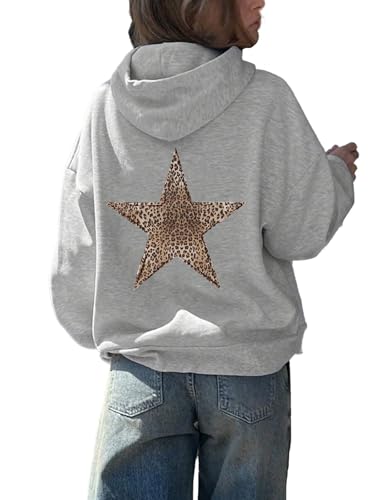 LLECDASEUI Damen Gepard Leopard Star Hoodie Grafik Print Fleece Y2k Übergroßes Kapuzen-Sweatshirt (Grau,S) von LLECDASEUI