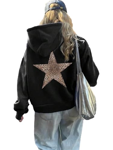 LLECDASEUI Damen Gepard Leopard Star Hoodie Grafik Print Fleece Y2k Übergroßes Kapuzen-Sweatshirt (Schwarz,L) von LLECDASEUI