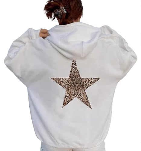 LLECDASEUI Damen Gepard Leopard Star Hoodie Grafik Print Fleece Y2k Übergroßes Kapuzen-Sweatshirt (Weiß,L) von LLECDASEUI
