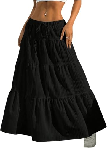 LLECDASEUI Damen Gerüschter gestufter Maxirock Sommer Boho Fließend A-Linie Röcke Y2k Hohe Taille Langer Rock Strand Streetwear (S) von LLECDASEUI