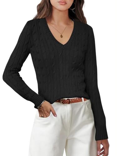 LLECDASEUI Damen Langärmelig V-Ausschnitt Kabelstrick Pullover Pullover 2024 Herbst Pullover Oberteil Niedlich Weich Damen Schick Lässig Outfits (S,Schwarz) von LLECDASEUI