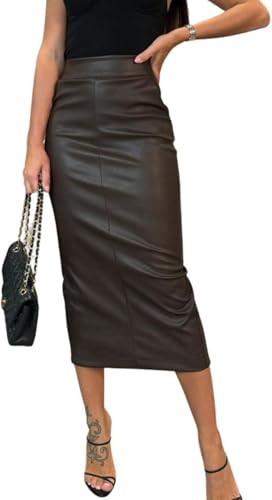 LLECDASEUI Damen Langer Kunstlederrock Bodycon Hohe Taille Schlank Bleistift Bauchkontrolle Midirock mit Taschen (Kaffee,XL) von LLECDASEUI