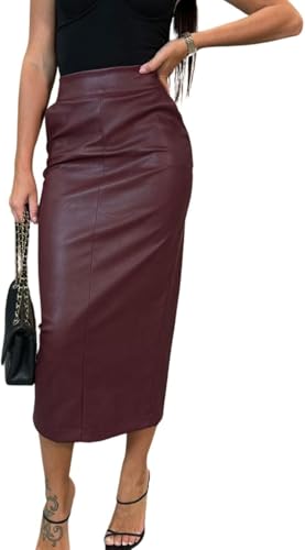 LLECDASEUI Damen Langer Kunstlederrock Bodycon Hohe Taille Schlank Bleistift Bauchkontrolle Midirock mit Taschen (Rot,L) von LLECDASEUI