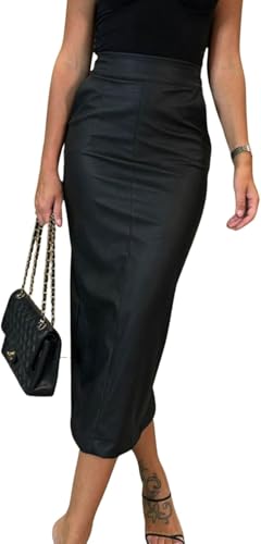 LLECDASEUI Damen Langer Kunstlederrock Bodycon Hohe Taille Schlank Bleistift Bauchkontrolle Midirock mit Taschen (Schwarz,S) von LLECDASEUI