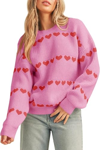 LLECDASEUI Damen Niedliches Herz Pullover Rundhalsausschnitt Lange Ärmel Pullover Pullover Top Valentinstag Liebe Rippenstrick Pullover (M,Rosa) von LLECDASEUI