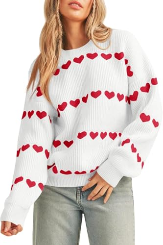 LLECDASEUI Damen Niedliches Herz Pullover Rundhalsausschnitt Lange Ärmel Pullover Pullover Top Valentinstag Liebe Rippenstrick Pullover (M,Weiß) von LLECDASEUI