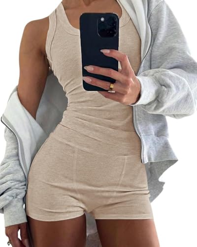 LLECDASEUI Damen Pyjama Sets Casual ärmelloses Tank Top und Shorts Rippenstrick 2 Stück Lounge Set (Khaki,S) von LLECDASEUI