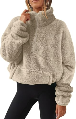 LLECDASEUI Damen Sherpa Sweatshirts mit halbem Reißverschluss Übergroße Pullover Langärmelig Viertel Zip Up Hoodies kuschelig Fleece-Pullover (Beige,S) von LLECDASEUI