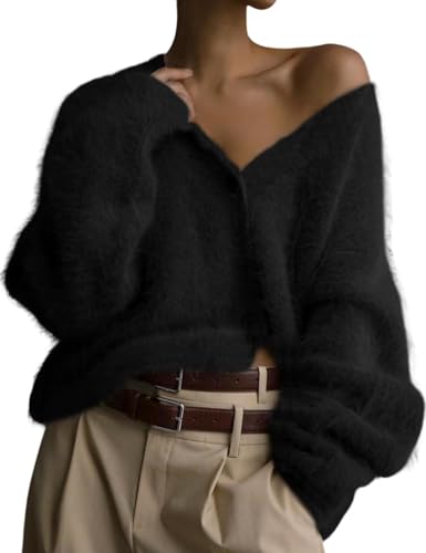 LLECDASEUI Damen Strickjacke, flauschig, V-Ausschnitt, lange Ärmel, Knopfleiste, lässig, pelzig, Strickpullover 2024, Schwarz , L von LLECDASEUI