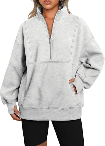 LLECDASEUI Damen Sweatshirts Mit Halbem Reißverschluss Aus Fleece Stehkragen Langarm Daumen Übergroße Pullover Mit Taschen Mit Löchern (Hellgrau,XL) von LLECDASEUI