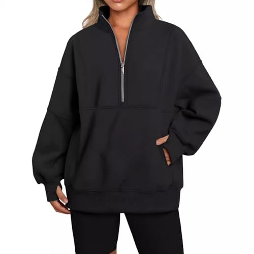 LLECDASEUI Damen Sweatshirts Mit Halbem Reißverschluss Aus Fleece Stehkragen Langarm Daumen Übergroße Pullover Mit Taschen Mit Löchern (Schwarz,XL) von LLECDASEUI