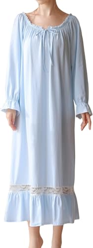 LLECDASEUI Damen Victorian Palace Langarm Maxi Nachthemden Vintage Spitze Bestickt Nachthemd Süße Prinzessin Pyjama, Blau 02, 46 von LLECDASEUI