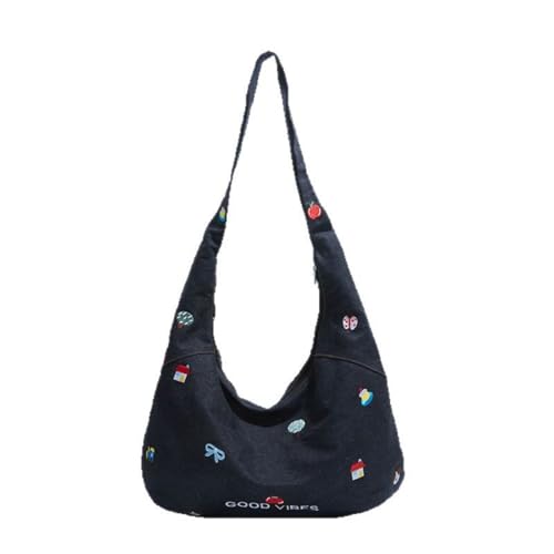 LLECDASEUI Denim Umhängetasche oder Frauen Casual Retro Ästhetische Niedliche Leichte Crossbody Tasche Handtasche für die tägliche Arbeit Reisen (Schwarz,Mittel) von LLECDASEUI