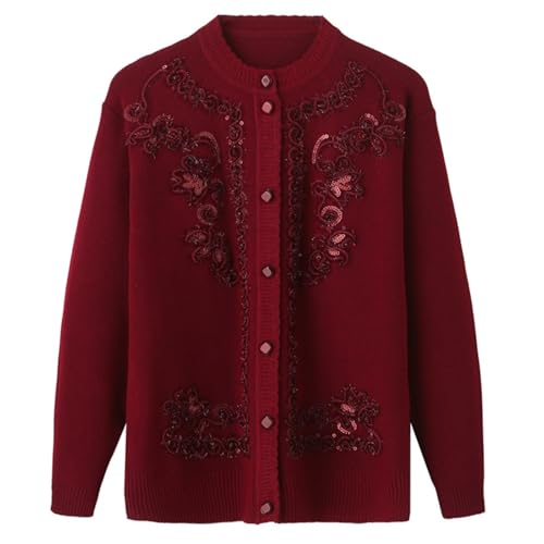 LLECDASEUI Dicker Warmer Oma-Winter-Pullover Strickjacke - Kaschmirmantel Für Frauen mittleren Alters Ältere Mutter Gestrickte Jacke, Klassische Chunky Winter Alte Dame Strickwaren (XL,Weinrot) von LLECDASEUI