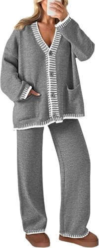 Frauen 2 Stück Outfits Passend Gestrickt Lounge-Sets Lange Ärmel V-Ausschnitt Strickjacke Pullover Weites Bein Hosen Trainingsanzüge (Dunkelgrau,S) von LLECDASEUI