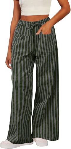LLECDASEUI Frauen Gestreift Weites Bein Hose 2025 Entspannt Kordelzug Elastische Taille Hose mit Taschen Leicht Jogging Jogginghose (XL,Grün) von LLECDASEUI
