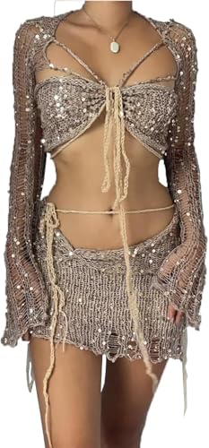 LLECDASEUI Frauen Sexy Tief ausgeschnitten Gehäkelt 2 Stück Outfits Lange Ärmel Kropftop Mini-Rock Y2K Gestrickt Pailletten Funkelnd Überwurf Satz (M,Khaki) von LLECDASEUI