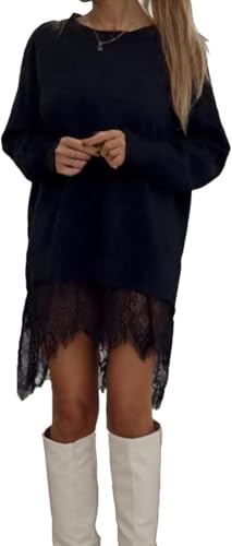 LLECDASEUI Frauen Spitze Patchwork Mini Kleid, Asymmetrisch Saum Schlitz Langer Ärmel Sweatshirt Kleider, Elegant Lässig T Shirt Kurz Kleid (M,Schwarz) von LLECDASEUI