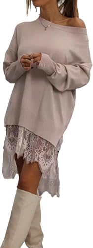 LLECDASEUI Frauen Spitze Patchwork Mini Kleid, Asymmetrisch Saum Schlitz Langer Ärmel Sweatshirt Kleider, Elegant Lässig T Shirt Kurz Kleid (XL,Aprikose) von LLECDASEUI