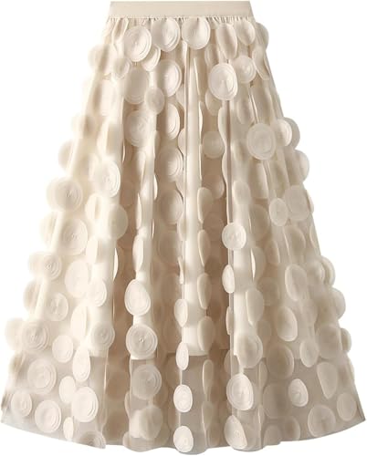LLECDASEUI Frauen Tüll Polka Dot Rock 3D Elastische Taille Mesh Flowy A-Linie Midi-Röcke Layered Bubble Röcke Hochzeit Halloween Party Outfit (Einheitsgröße,Beige) von LLECDASEUI