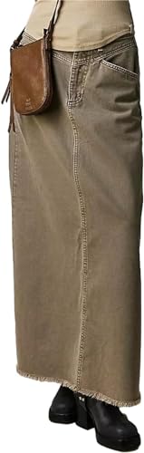 LLECDASEUI Frauen Vintage Langer Denim Maxirock Casual Hohe Taille A-Linie Ausgefranst Saum Locker Lange Jeans Rock Mit Taschen (Grün,L) von LLECDASEUI