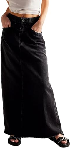 LLECDASEUI Frauen Vintage Langer Denim Maxirock Casual Hohe Taille A-Linie Ausgefranst Saum Locker Lange Jeans Rock Mit Taschen (Schwarz,XL) von LLECDASEUI
