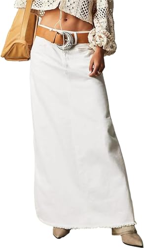 LLECDASEUI Frauen Vintage Langer Denim Maxirock Casual Hohe Taille A-Linie Ausgefranst Saum Locker Lange Jeans Rock Mit Taschen (Weiß,L) von LLECDASEUI