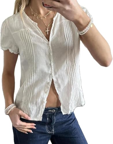 LLECDASEUI Frauen Y2K Button Up Hemden Kappe Ärmel Revers Kragen Geraffte Slim Fit Hemden abgeschnitten Coquette 90er Jahre Vintage Bluse Top (Weiß,M) von LLECDASEUI