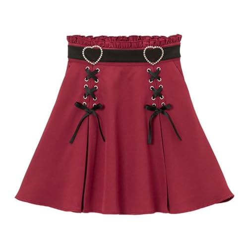 LLECDASEUI Harajuku Y2K Lolita Gothic Kawaii Kleidung Hoch tailliertes Band Vintage Spitzensaum Layered Kawaii Mini Kurzrock (Rot,M) von LLECDASEUI