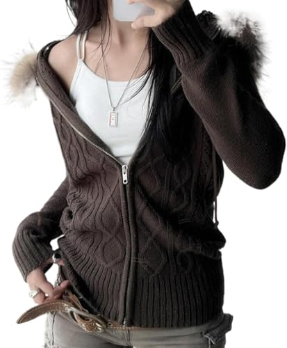 LLECDASEUI Kunstfell Pelzbesatz Hoodies Für Frauen, Y2k Kabel Stricken Langarm Gekürztes Sweatshirt, Reißverschluss Schlanke Jacke Mit Fellkapuze (L,Braun) von LLECDASEUI