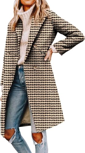LLECDASEUI Womens Notched Revers Kragen Doppelreihiger Erbsenmantel Winter Wollmischung Über Mäntel Lange Jacken (Hahnentritt,L) von LLECDASEUI