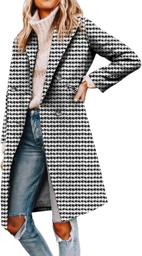 LLECDASEUI Womens Notched Revers Kragen Doppelreihiger Erbsenmantel Winter Wollmischung Über Mäntel Lange Jacken (Hahnentritt A,XXL) von LLECDASEUI