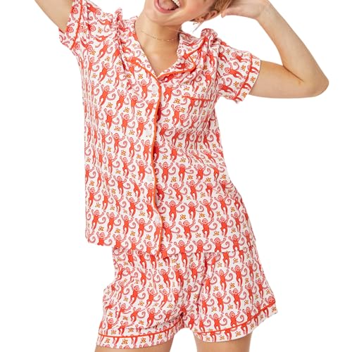 LLECDASEUI Y2k-Pyjama-Set für Damen, 2-teilig, Button-Down-Affen-Shorts-Set, Roller Dupes Rabbit Preppy Loungewear-Pjs (Rot,S) von LLECDASEUI
