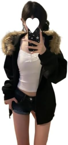 LLECDASEUI Y2k Zip Up Kapuzenpullover Pelz-Jacken Wintermäntel Teenager Emo Grunge 2000er Klamotten Vintage Streetwear Frauen (Schwarz,L) von LLECDASEUI