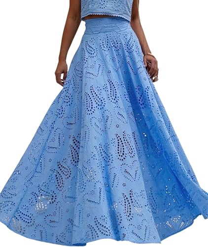 Women 's Hollow Out Öse Maxi Boho Rock zurück Smocked Taille Spitze Floral Flowy Langen Rock mit Taschen (Blau,S) von LLECDASEUI