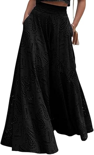 Women 's Hollow Out Öse Maxi Boho Rock zurück Smocked Taille Spitze Floral Flowy Langen Rock mit Taschen (Schwarz,L) von LLECDASEUI