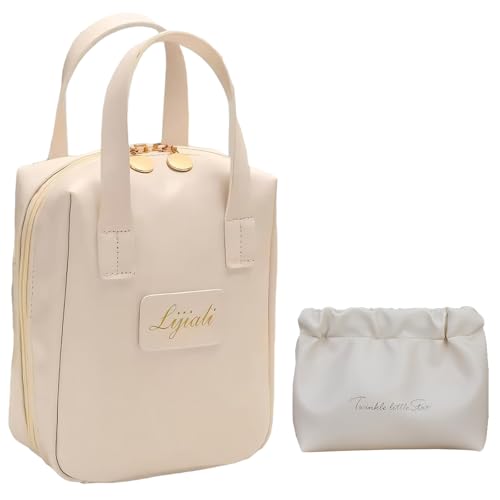 2024 New Eretinputc Makeup Bag, Premium Makeup Bag for Women and Girls, PU Leather Travel Makeup Bag, Large Capacity Toiletry Cosmetic Bag with Divider and Handle (White Mix) von LLELEMAMO