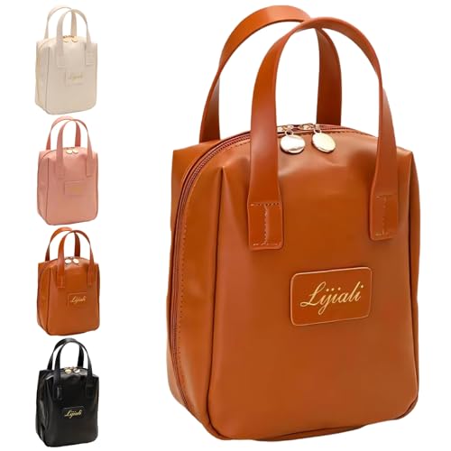 Eretinputc Makeup Bag Lijiali, 2024 New Premium Makeup Bag for Women and Girls, Large Capacity Travel Makeup Bag, PU Leather Toiletry Cosmetic Bag with Handle and Divider (Brown) von LLELEMAMO