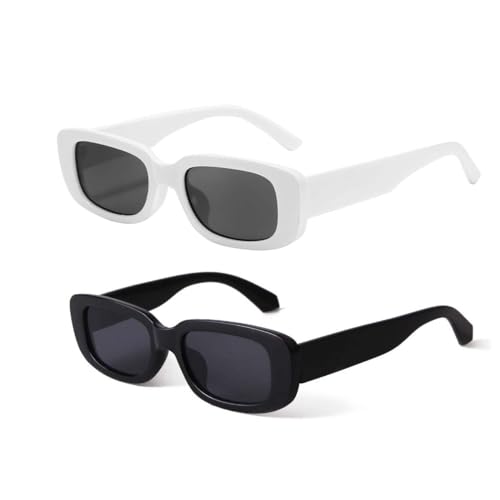 LLGSDLL 2 Stück Vintage Rechteckige Sonnenbrille Damen 90er Retro Sonnenbrillen Set Trendy Brille für Damen Herren(Schwarz und weiß) von LLGSDLL